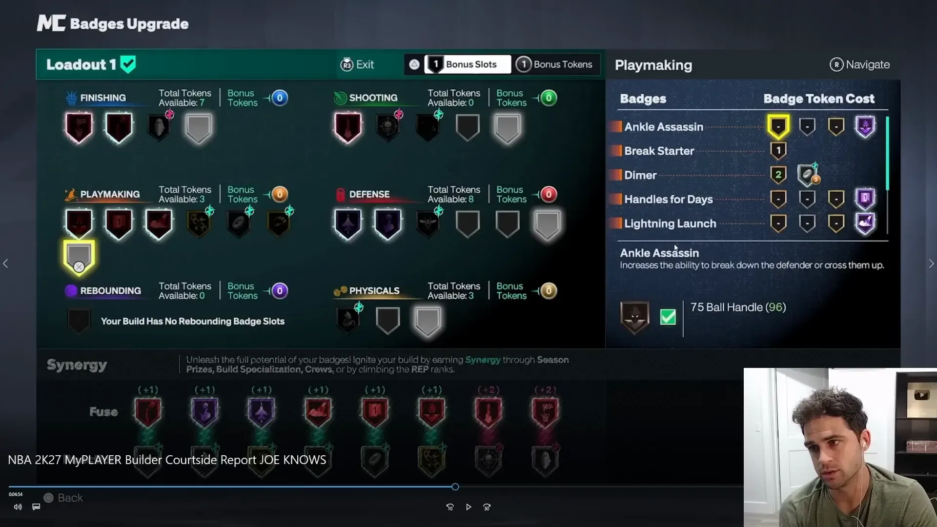 Badges Upgrade panel with Ankle Assassin selected and its break-down description.