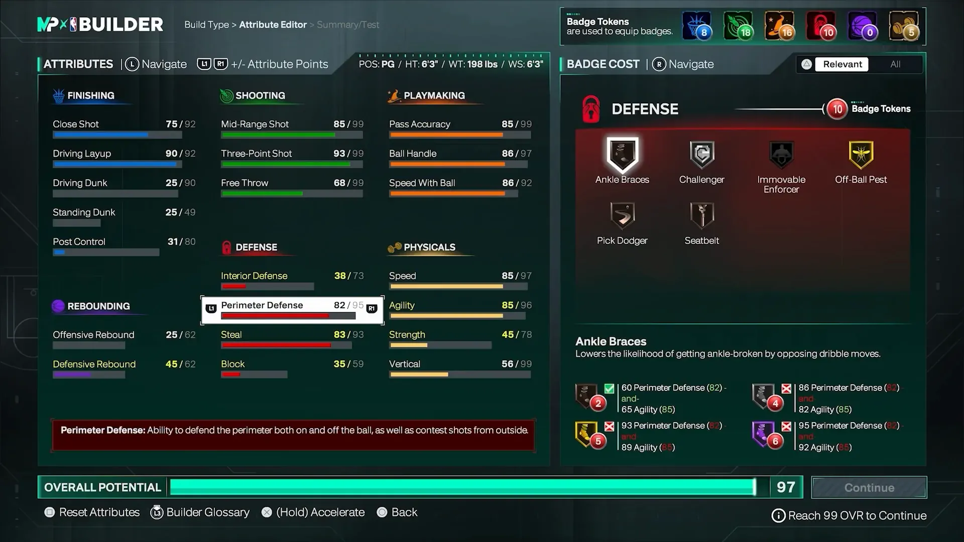 Builder Badge Cost panel with Ankle Braces selected and its ankle-break protection description.