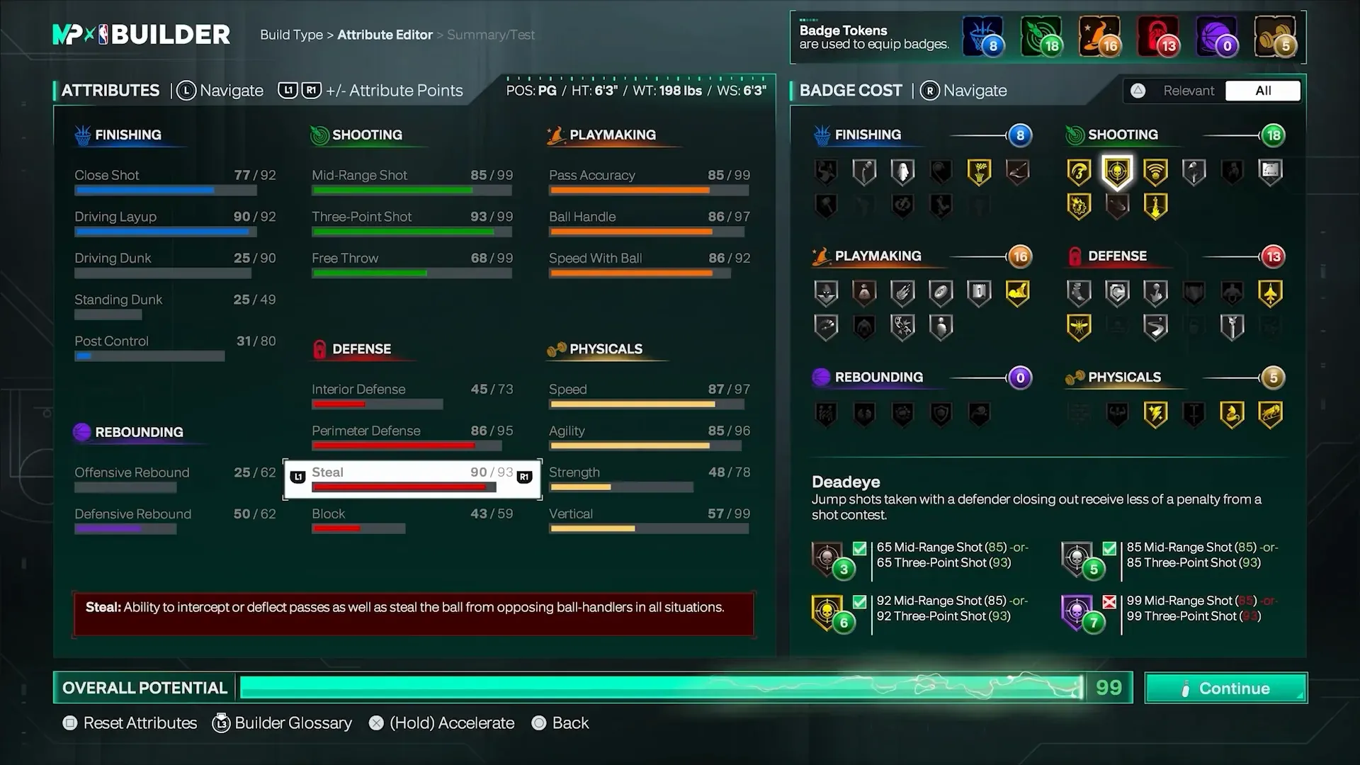 Builder Badge Cost panel with Deadeye selected and its closeout contest description.