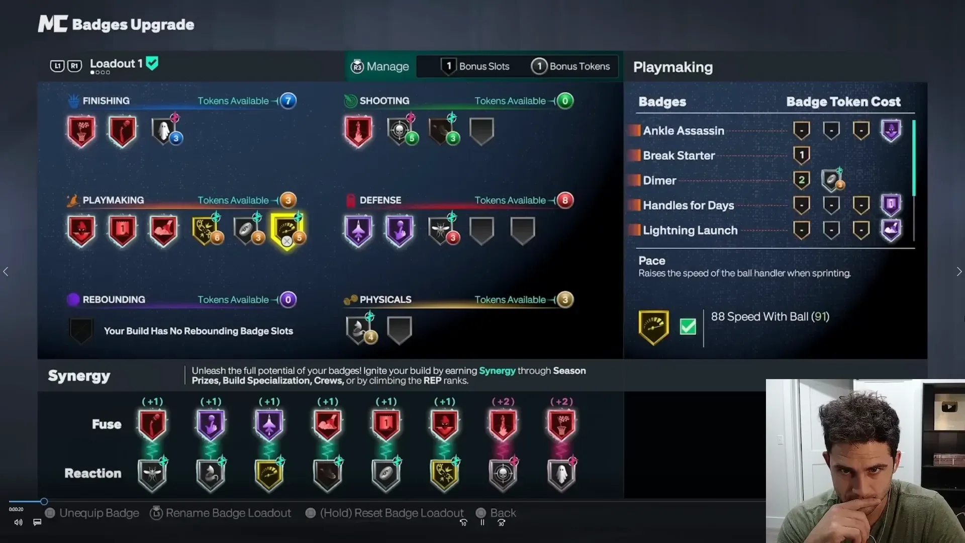 Badges Upgrade panel with Pace selected and its sprint-speed description.