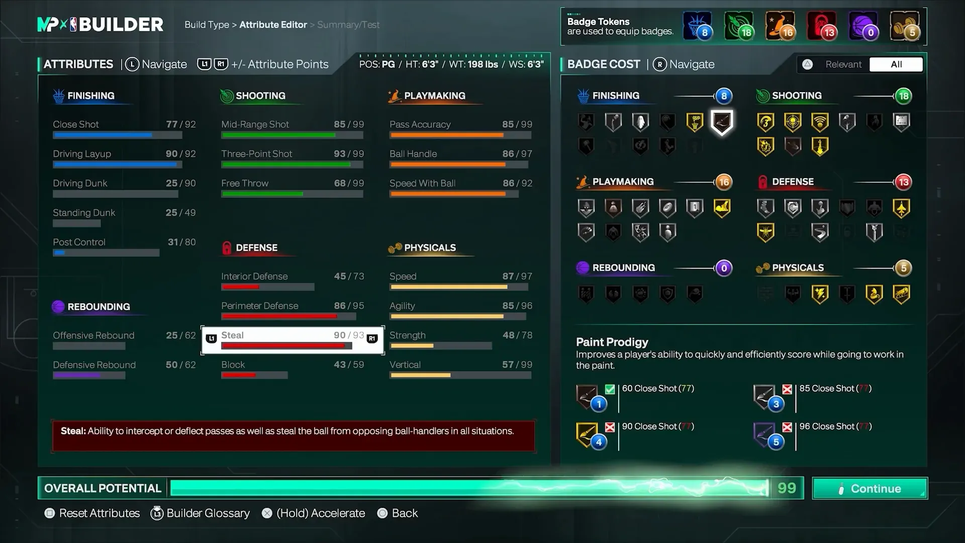 Builder Badge Cost panel with Paint Prodigy selected and its paint scoring description.